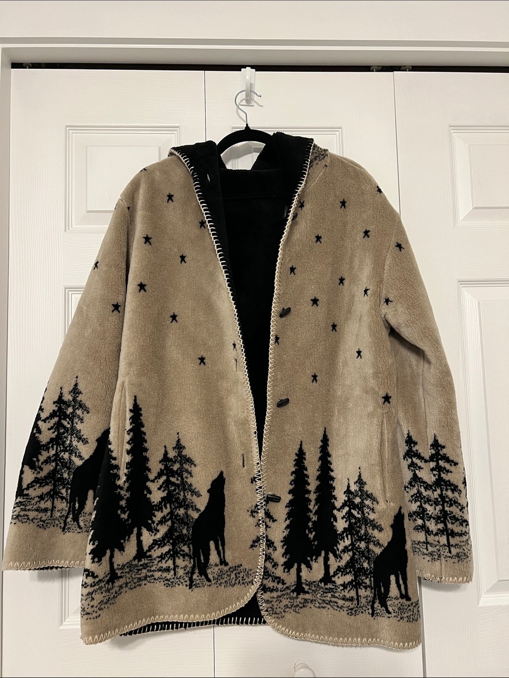 Reversible Hooded Jacket with Black Forest and Wolf Silhouette